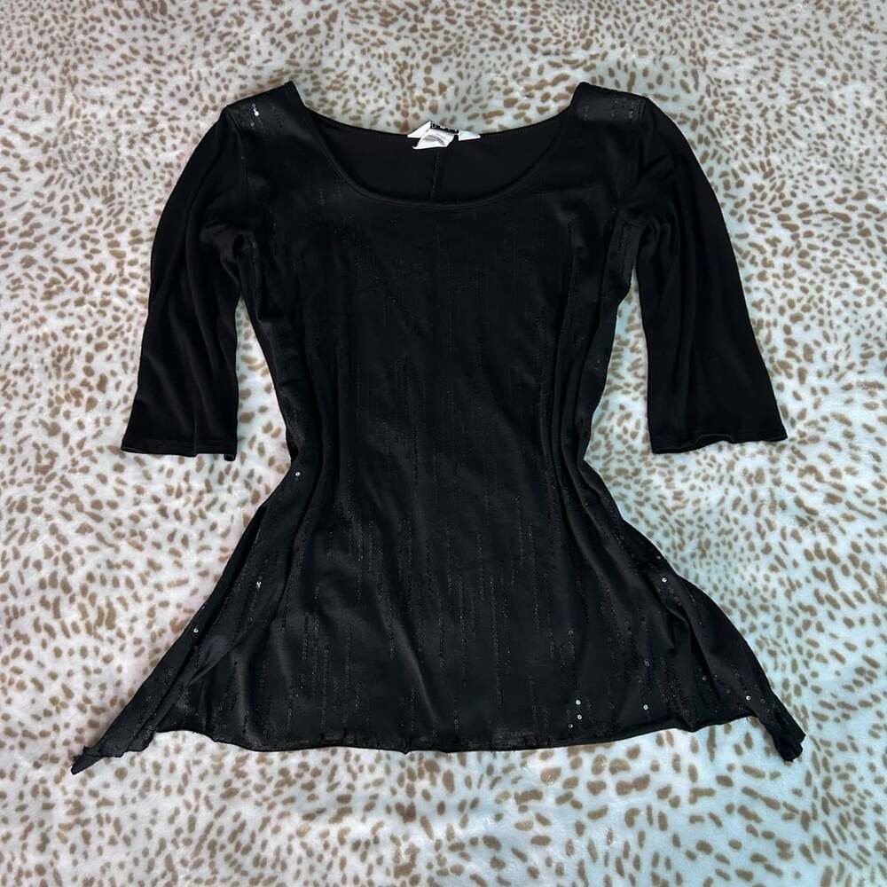 Keren Hart Tunic Top Size S Black Rayon Sequins Scoop Neck Elbow Sleeve